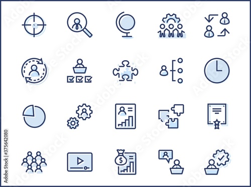 Set of People Management Related Vector Line Icons. Contains such Icons as Target, Puzzle, Certificate, Personal data processing, Task Manager, Qualification, Head Hunting and more. Editable Stroke