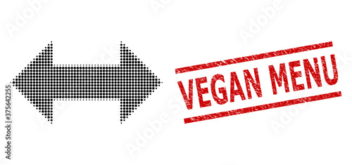 Horizontal exchange arrows halftone dotted pictogram and Vegan Menu scratched stamp seal. Stamp seal includes Vegan Menu text between parallel lines.