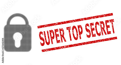 Locked halftone dotted pictogram and Super Top Secret unclean seal. Stamp seal includes Super Top Secret title between parallel lines.