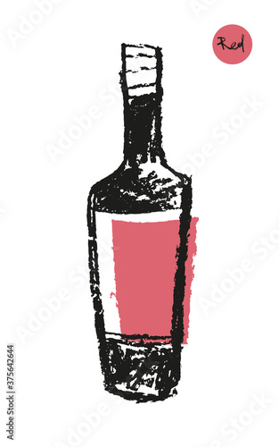 Vector bottle drawing with crayon texture for wine festival, winery design element, organic wines concept, logo viticulture, emblem vineyard. Bottle sketch icon. Silhouette of alcohol bottle.