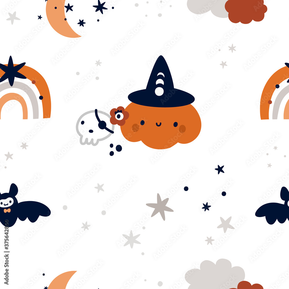 Seamless childish pattern with cute pumpkin, bats and rainbows . Children background for halloween celebration. Kids texture for print, textile, wallpaper, apparel, fabric, wrapping paper Seamless childish pattern with cute pumpkin, bats and rainbows . Children background for halloween celebration. Kids texture for print, textile, wallpaper, apparel, fabric, wrapping paper
