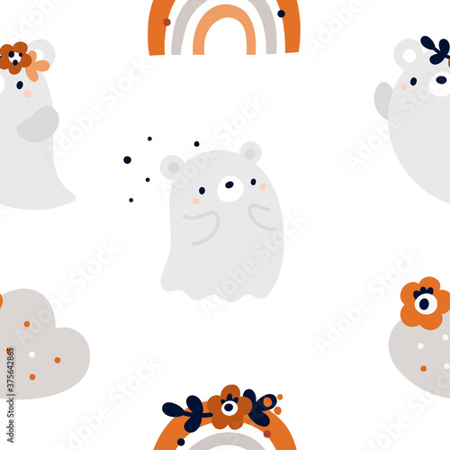Seamless childish pattern with cute ghosts, bear animals and rainbows . Children background in scandinavian style. Kids texture for print, textile, wallpaper, apparel, fabric, wrapping paper