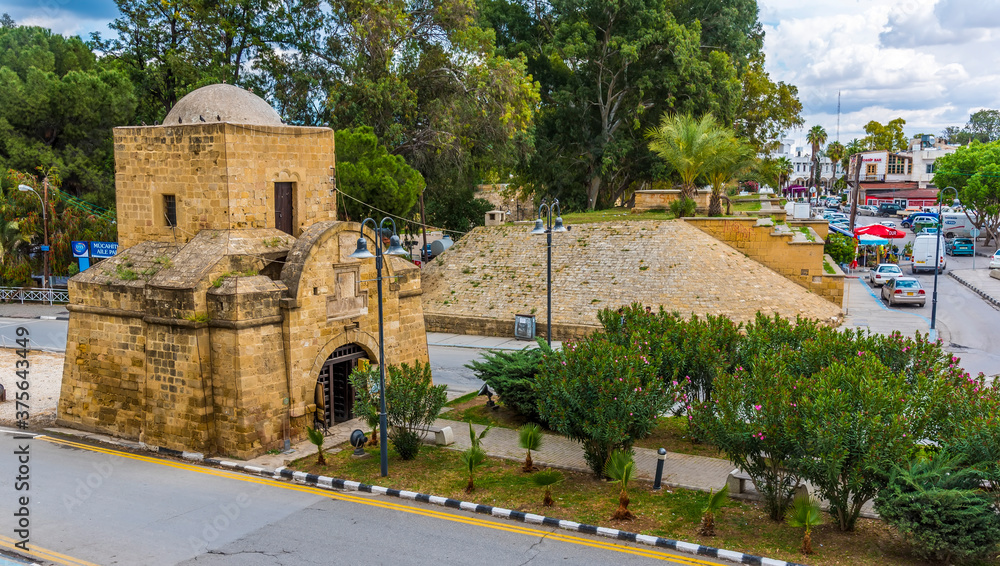 A view of the Kyrenia gate in Northern Nicosia, Cyprus and the remains of the city walls