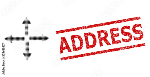 Expand arrows halftone dotted vector and Address unclean stamp print. Stamp seal includes Address tag between parallel lines.