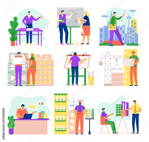 Architects and construction engineers working on architecture project vector illustration set isolated on white. Buildings engineering profession, architectural designer occupation or job set.