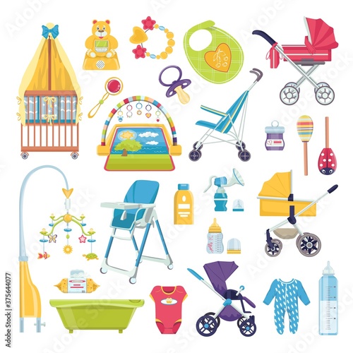 Baby care objects, newborn accessories vector illustrations set. Cute scrapbook for girl with baby elements. Infant bottle, pacifier, clothing, bath and birthday gift. Baby collection for child birth.