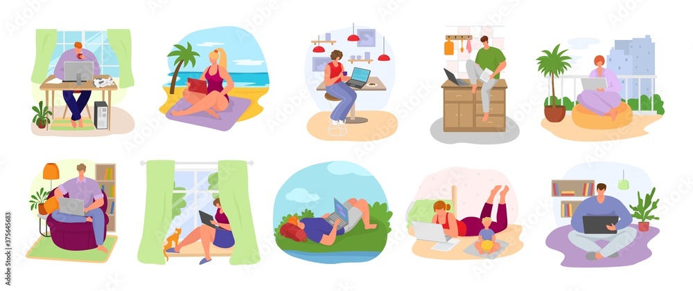 Freelance workplace set of vector illustration. Freelancer working at home office computer. Remote work of designer, it programmer, manager or blogger. Job or business by internet, freelancing people. Freelance workplace set of vector illustration. Freelancer working at home office computer. Remote work of designer, it programmer, manager or blogger. Job or business by internet, freelancing people.
