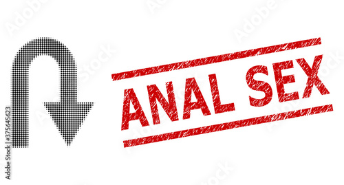 U turn halftone dotted vector and Anal Sex rubber stamp seal. Stamp includes Anal Sex title between parallel lines. U turn vector is created from halftone pattern which contains circle elements.