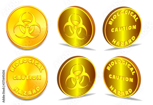 3d gold coin in six projections with shadows. Lettering Caution Biological Hazard. EPS10