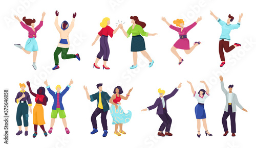 Happy young people isoated on white set of vector illustrations. Happiness, freedom, motion, diversity and people together concept. Group of happy smiling men and women jumping, having fun poses.