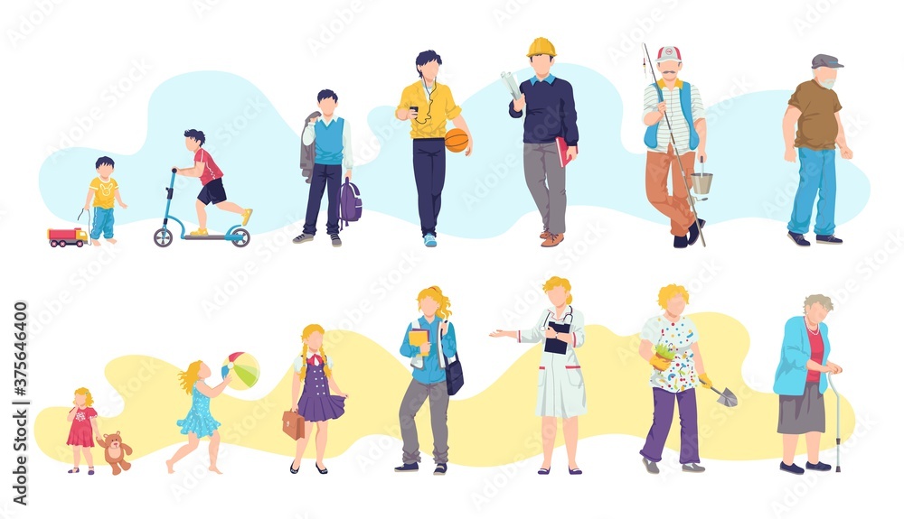 Man and woman ages, child, teenager, young, adult, old vector illustrations. People generations at different ages. Life cycles of man and woman. Stages of human body growth, development and aging.