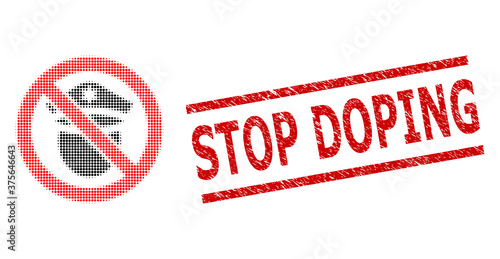 Forbid police cop halftone dotted vector and Stop Doping rubber stamp. Stamp seal includes Stop Doping caption between parallel lines.