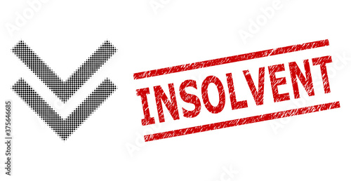 Shift down halftone dotted vector and Insolvent scratched seal. Stamp seal includes Insolvent text between parallel lines. Shift down vector is composed of halftone array which contains circle pixels.