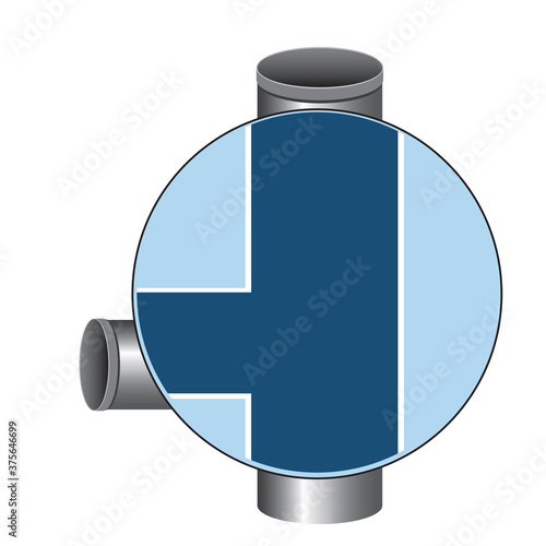 Cutaway pipe or pipeline inside under magnifying glass or loupe isolated on white background, vector stock illustration with cut pipe as logo or emblem for plumbing design