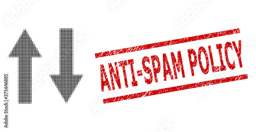 Vertical flip arrows halftone dotted vector and Anti-Spam Policy dirty stamp seal. Stamp seal includes Anti-Spam Policy text between parallel lines.