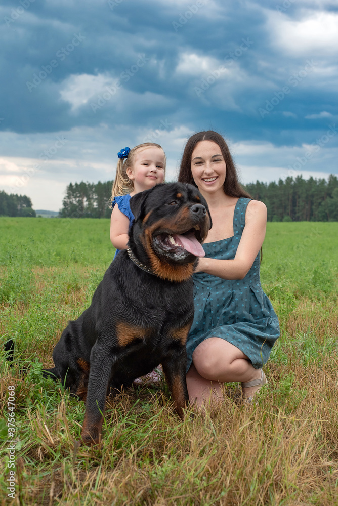 A young girl with her five-year-old daughter is playing with a rottweiler on a summer field.