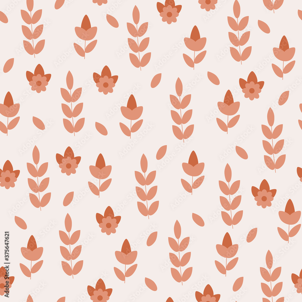 Wildflowers and herbs, branches and leaves. Seamless pattern. Botanical vector illustration.  For paper, covers, fabric, gift wrapping, wall art, interior decor.