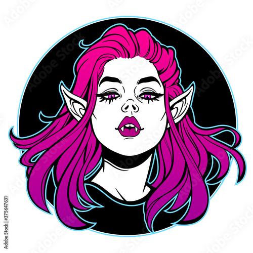 beautiful female vampire grins showing fangs