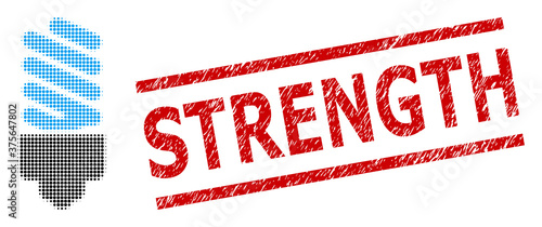 Fluorescent bulb halftone dotted pictogram and Strength unclean stamp seal. Stamp seal includes Strength tag between parallel lines.