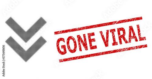 Shift down halftone dotted vector and Gone Viral corroded stamp print. Stamp seal includes Gone Viral title between parallel lines.