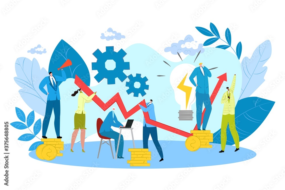 Business creative team work isolated vector illustration. People working in team together, creativity, communication and cooperation. Creative businessmen with rising graph and money income.