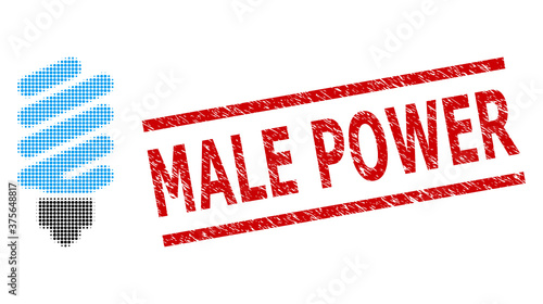 Fluorescent bulb halftone dotted illustration and Male Power rubber stamp. Stamp includes Male Power text between parallel lines.