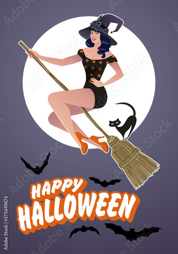 Beautiful pinup witch flying on a broom with a black cat. Happy Halloween text surrounded by bats.