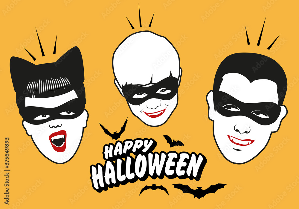 Retro style vampire family wearing masks. Happy Halloween text surrounded by bats.