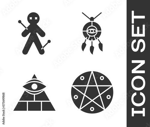 Set Pentagram in a circle, Voodoo doll, Masons and Dream catcher with feathers icon. Vector.
