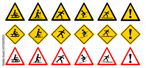 No skiing forbidden sign. Do not ski, cross-country, sledding, 
snowboarding or ice kate. Forbid Do not enter, stop halt allowed, no ban. Flat vector snow winter signboard.  Danger, Slope,  ice kating