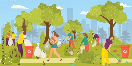 Cleaning environment, team of volunteers picking up garbage, litter in park into trash bags, vector illustration. Social volunteering for nature. Enviromental ecology, environment-oriented charity.