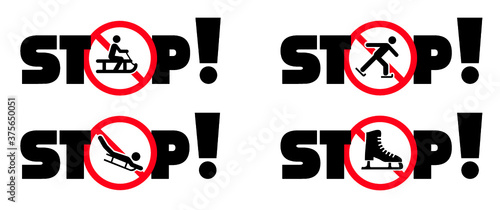 No skiing forbidden sign. Do not ski, cross-country, sledding, 
snowboarding or ice kate. Forbid Do not enter, stop halt allowed, no ban. Flat vector snow winter signboard.  Danger, Slope,  ice kating