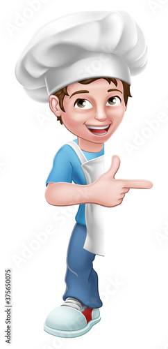 A kid cartoon boy chef, cook or baker child peeking around a sign and pointing at it