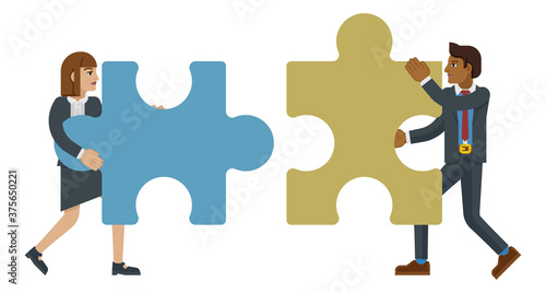 A puzzle piece jigsaw character concept of two business people working together in partnership or as a team