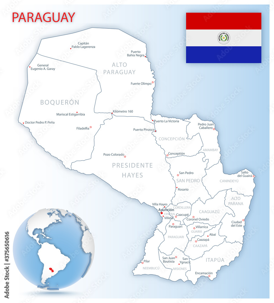 Detailed Paraguay administrative map with country flag and location on a blue globe. Vector illustration