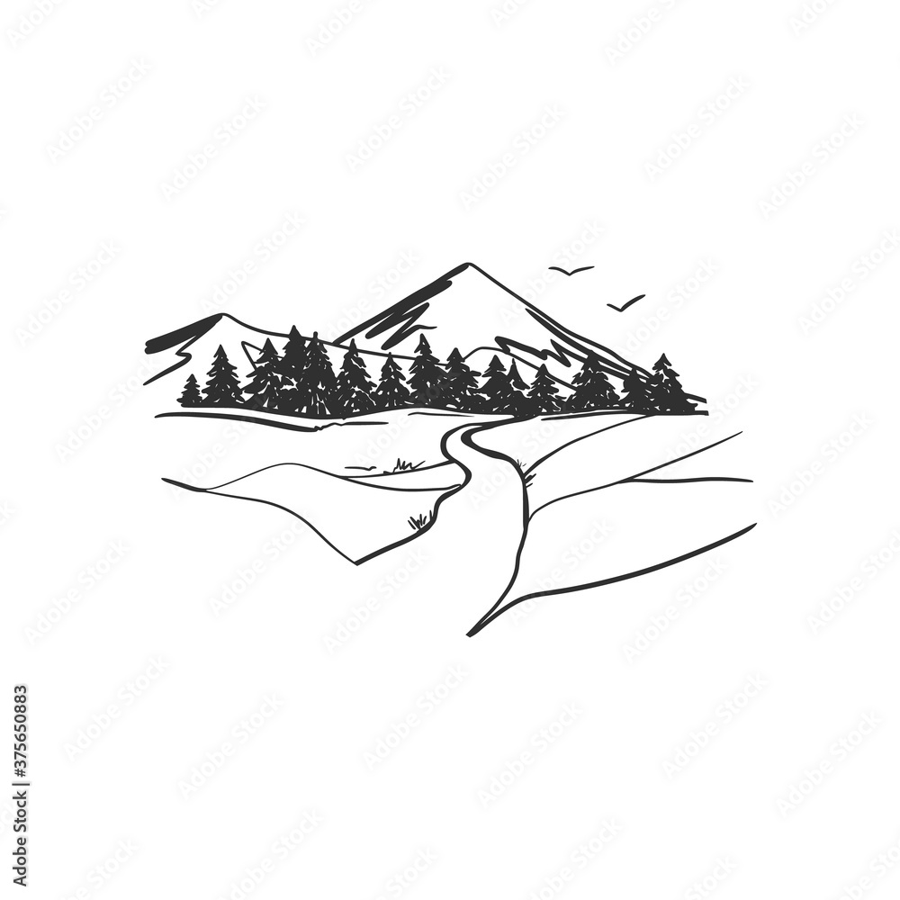 Linear image of mountains in vintage sketch style. Stone peaks, trees, path. Doodle style. Simple vector landscape on isolated background. For logos, labels, printing on fabric.