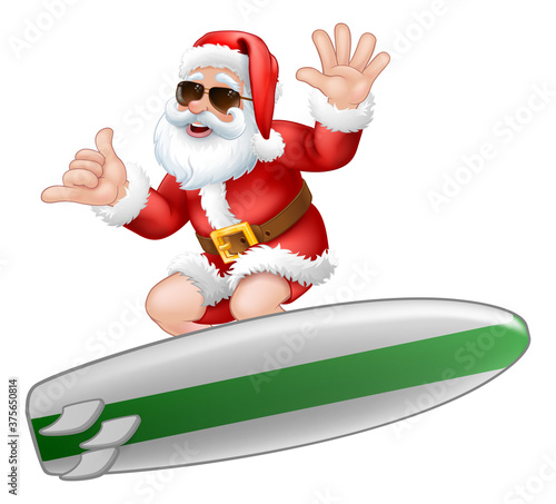 Christmas cartoon of Santa Claus in sunglasses shades Surfing on his surfboard while doing a Shaka hand sign