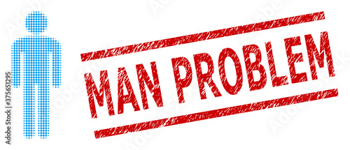 Man halftone dotted vector and Man Problem rubber stamp. Stamp includes Man Problem title between parallel lines. Man vector is created with halftone pattern which contains circle elements.