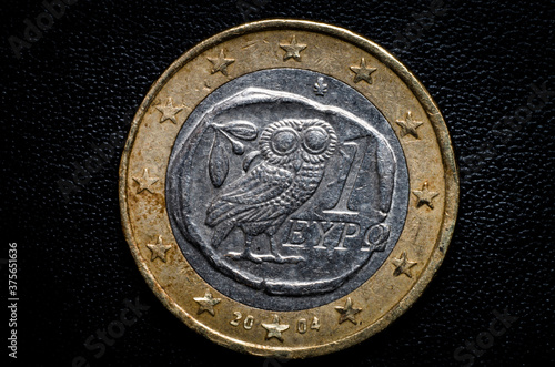 Greek owl one euro coin  obverse macro photography