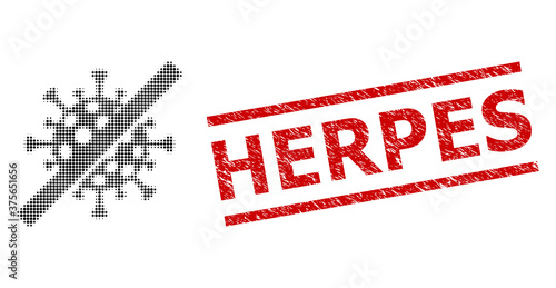 No covid virus halftone dotted vector and Herpes scratched stamp imitation. Stamp includes Herpes tag between parallel lines.