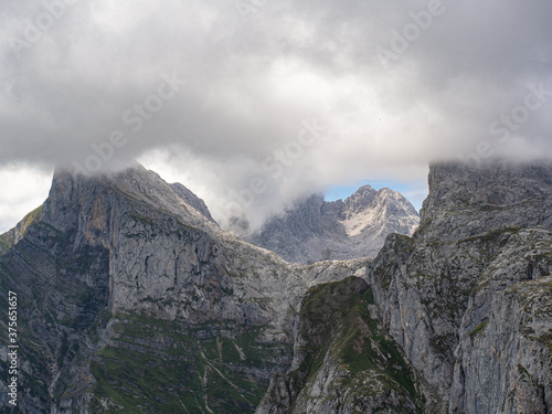 Dark clouds over limestone mountain peaks in Picos de Europa