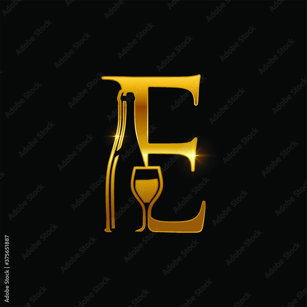 Golden Glass and Wine Bottle Monogram Letter F, D and E Logo Sign Golden Glass and Wine Bottle Monogram Letter F, D and E Logo Sign