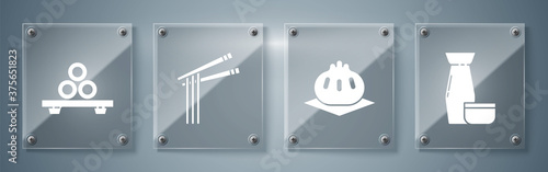 Set Traditional Japanese tea ceremony, Khinkali on cutting board, Asian noodles and chopsticks and Sushi on cutting board. Square glass panels. Vector.