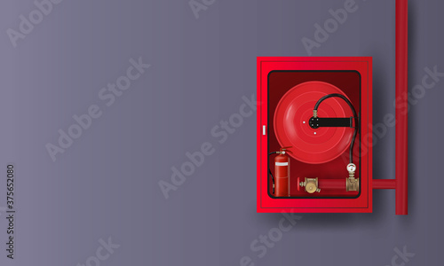 Vector of fire water hose and fire extinguisher in cabinet on the wall.