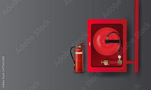 Vector of fire water hose and fire extinguisher in cabinet on grey wall.