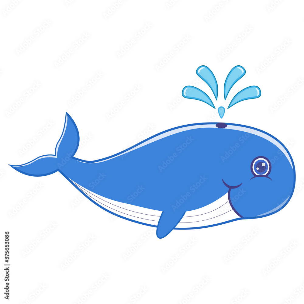 Cute blue whale squirting water vector. A hand drawn design on isolated white background.
