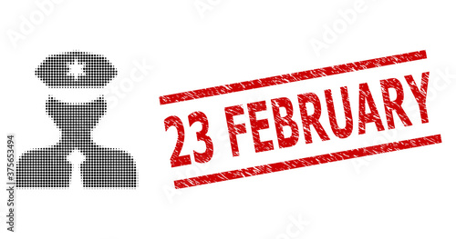 Police officer halftone dotted vector and 23 February corroded seal. Seal includes 23 February title between parallel lines.