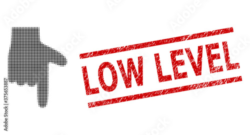 Hand pointer down halftone dotted vector and Low Level rubber stamp print. Stamp seal includes Low Level caption between parallel lines.
