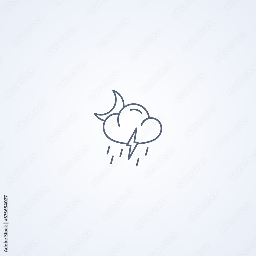 Partly cloudy night thunderstorm and downpour, vector best gray line icon Partly cloudy night thunderstorm and downpour, vector best gray line icon