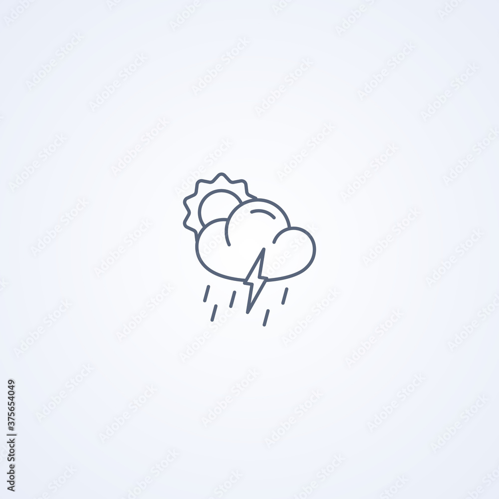 Partly cloudy thunderstorm and downpour, vector best gray line icon Partly cloudy thunderstorm and downpour, vector best gray line icon